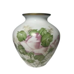 Vintage 40s DeLuxe Inc USA Signed Hand Painted Floral Vase Milk Glass